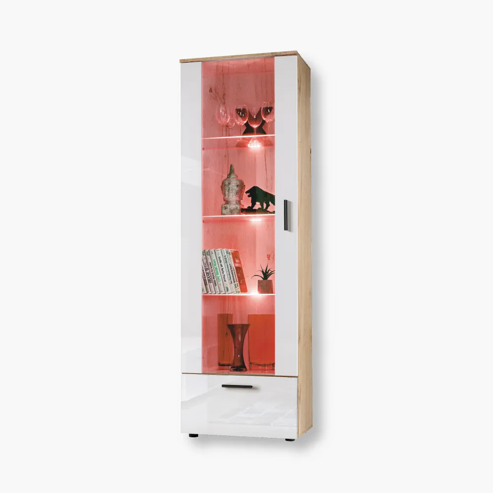 Alessandria-RGB-Wotan-White-1.webp Présentoir sur pied Alessandria, blanc/wotan, éclairage LED RVB – Image 1