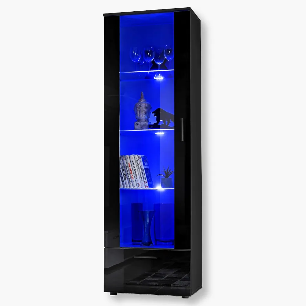 Alessandria-blu-Black-Black-1.webp Présentoir sur pied Alessandria, noir/noir Éclairage LED bleu – Image 1