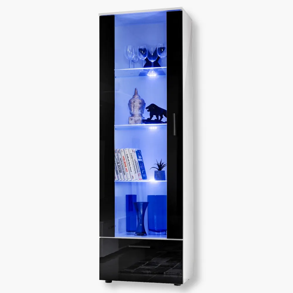 Alessandria-blu-White-Black-1.webp Présentoir sur pied Alessandria, noir/éclairage LED blanc bleu – Image 1