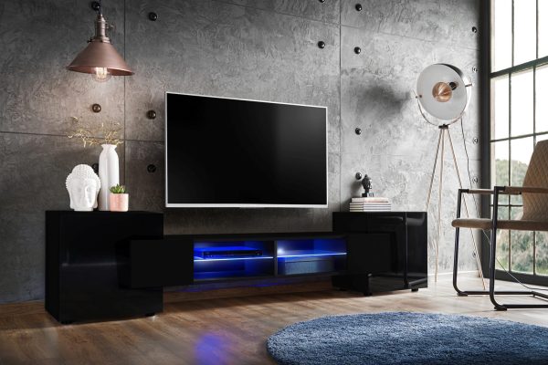 Armoire RTV Merano, noir/noir Eclairage LED bleu – Image 2