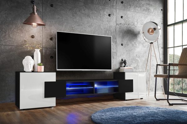 Armoire RTV Merano, noir/blanc Eclairage LED bleu – Image 2
