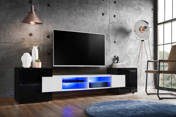 Armoire RTV Merano, noir/blanc Eclairage LED bleu – Image 2