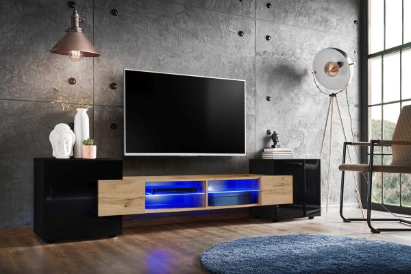 Armoire RTV Merano, Wotan/Noir Eclairage LED Bleu – Image 2
