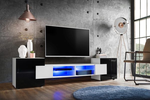 Armoire RTV Merano, blanc/noir Eclairage LED bleu – Image 2