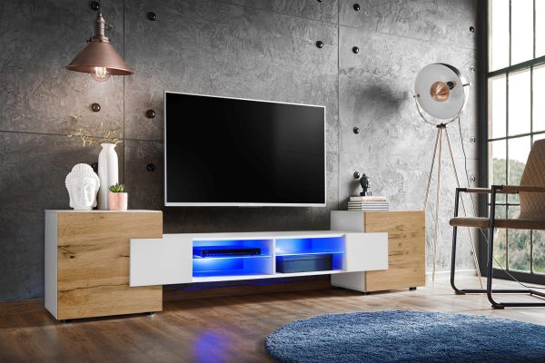 Armoire RTV Merano, blanc/éclairage LEDotan bleu – Image 2