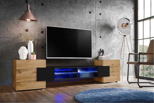 Armoire RTV Merano, Wotan/Noir Eclairage LED Bleu – Image 2