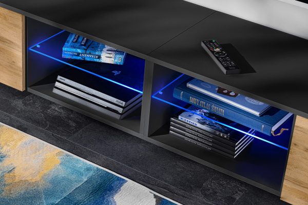 Ensemble de meubles TV Varallo, Wotan/Noir Eclairage LED Bleu – Image 10