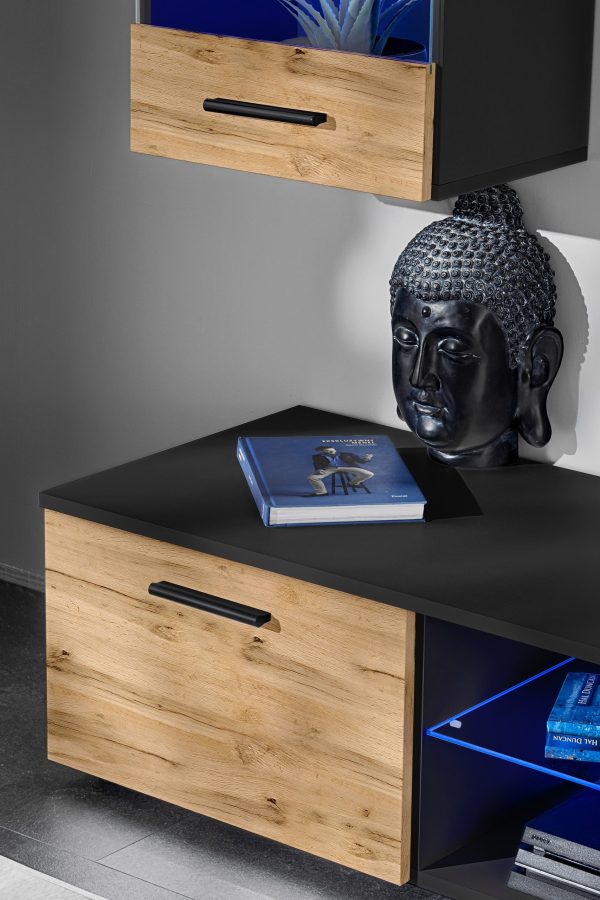 Ensemble de meubles TV Varallo, Wotan/Noir Eclairage LED Bleu – Image 9