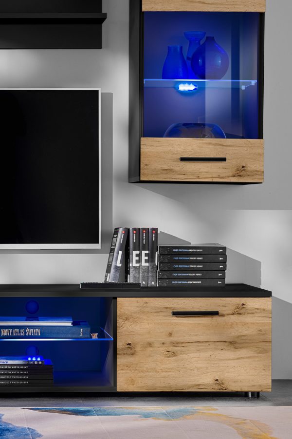 Ensemble de meubles TV Varallo, Wotan/Noir Eclairage LED Bleu – Image 7