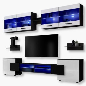 Ensemble de meubles RTV Foggia, blanc/noir Éclairage LED bleu