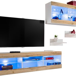  Set, Meubles, Tivoli SET3, Noir/Blanc,  Largeur 240cm x Hauteur 159cm x Profondeur 35cm, LED Bleu, pour Salon,  Chambre à coucher
