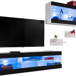  Set, Furniture, Tivoli SET3, Blanc/Wotan,  Largeur 240cm x Hauteur 159cm x Profondeur 35cm, LED Bleu, pour Salon,  Chambre à coucher