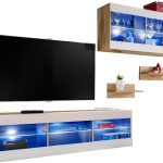  Set, Meubles, Tivoli SET3, Wotan/Blanc,  Largeur 240cm x Hauteur 159cm x Profondeur 35cm, LED Bleu, pour Salon,  Chambre à coucher