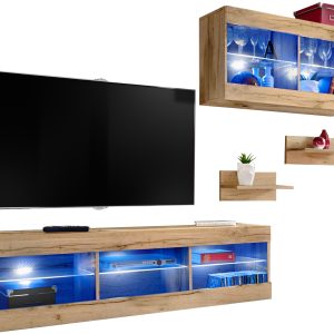  Set, Meubles, Tivoli SET3, Wotan/Wotan,  Largeur 240cm x Hauteur 159cm x Profondeur 35cm, LED Bleu, pour Salon,  Chambre à coucher