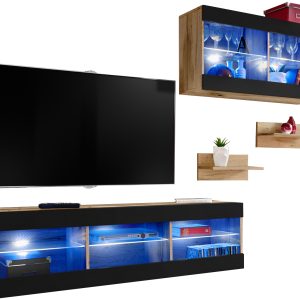  Set, Meubles, Tivoli SET3, Noir/Noir,  Largeur 240cm x Hauteur 159cm x Profondeur 35cm, LED Bleu, pour Salon,  Chambre à coucher