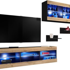  Set, Furniture, Tivoli SET3, Blanc/Blanc,  Largeur 240cm x Hauteur 159cm x Profondeur 35cm, LED Bleu, pour Salon,  Chambre à coucher