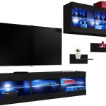  Set, Furniture, Tivoli SET3, Noir/Wotan,  Largeur 240cm x Hauteur 159cm x Profondeur 35cm, LED Bleu, pour Salon,  Chambre à coucher