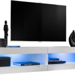 Set Meubles,  Tivoli SET4, Blanc/Blanc, Largeur 200cm x Hauteur 41cm x Profondeur 35cm, LED  Bleu, pour Salon, Chambre à coucher