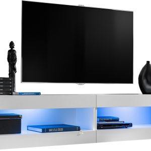 Set Meubles,  Tivoli SET4, Blanc/Blanc, Largeur 200cm x Hauteur 41cm x Profondeur 35cm, LED  Bleu, pour Salon, Chambre à coucher