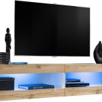 Set Meubles,  Tivoli SET4, Blanc/Wotan, Largeur 200cm x Hauteur 41cm x Profondeur 35cm, LED  Bleu, pour Salon, Chambre à coucher