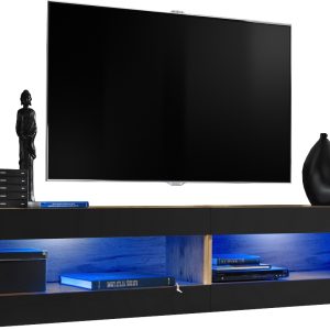 Set Meubles,  Tivoli SET4, Wotan/Noir, Largeur 200cm x Hauteur 41cm x Profondeur 35cm, LED  Bleu, pour Salon, Chambre à coucher