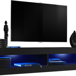 Set Meubles,  Tivoli SET4, Noir/Noir, Largeur 200cm x Hauteur 41cm x Profondeur 35cm, LED  Bleu, pour Salon, Chambre à coucher