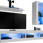 Set,  Meubles, Tivoli SET5, Blanc/Blanc, Largeur 200cm x Hauteur 195cm x Profondeur  35cm, LED Bleu, pour Salon, Chambre à coucher