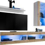 Set,  Meubles, Tivoli SET5, Blanc/Wotan, Largeur 200cm x Hauteur 195cm x  Profondeur 35cm, LED Bleu, pour Salon, Chambre à coucher