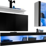 Set,  Meubles, Tivoli SET5, Blanc/Noir, Largeur 200cm x Hauteur 195cm x Profondeur  35cm, LED Bleu, pour Salon, Chambre à coucher