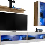 Set,  Meubles, Tivoli SET5, Wotan/Blanc, Largeur 200cm x Hauteur 195cm x Profondeur  35cm, LED Bleu, pour Salon, Chambre à coucher