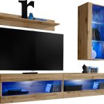 Set,  Meubles, Tivoli SET5, Wotan/Wotan, Largeur 200cm x Hauteur 195cm x Profondeur  35cm, LED Bleu, pour Salon, Chambre à coucher