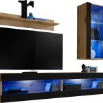 Set,  Meubles, Tivoli SET5, Wotan/Noir, Largeur 200cm x Hauteur 195cm x Profondeur  35cm, LED Bleu, pour Salon, Chambre à coucher