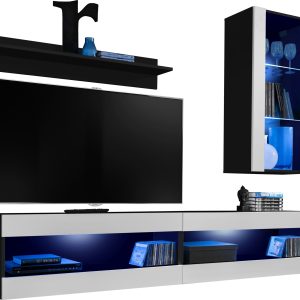 Set,  Meubles, Tivoli SET5, Noir/Blanc, Largeur 200cm x Hauteur 195cm x Profondeur  35cm, LED Bleu, pour Salon, Chambre à coucher