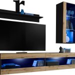 Set,  Meubles, Tivoli SET5, Black/Wotan, Largeur 200cm x Hauteur 195cm x  Profondeur 35cm, LED Bleu, pour Salon, Chambre à coucher