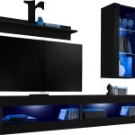 Set,  Meubles, Tivoli SET5, Noir/Noir, Largeur 200cm x Hauteur 195cm x Profondeur  35cm, LED Bleu, pour Salon, Chambre à coucher
