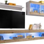  Set, Furniture, Tivoli SET6, Blanc/Wotan,  Largeur 200cm x Hauteur 195cm x Profondeur 35cm, LED Bleu, pour Salon,  Chambre à coucher