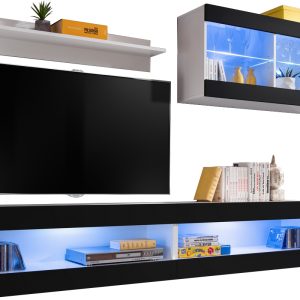  Set, Furniture, Tivoli SET6, Blanc/Noir,  Largeur 200cm x Hauteur 195cm x Profondeur 35cm, LED Bleu, pour Salon,  Chambre à coucher