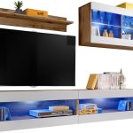  Set, Meubles, Tivoli SET6, Wotan/Blanc,  Largeur 200cm x Hauteur 195cm x Profondeur 35cm, LED Bleu, pour Salon,  Chambre à coucher