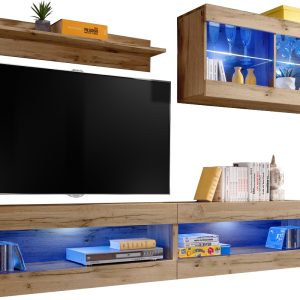  Set, Meubles, Tivoli SET6, Wotan/Wotan,  Largeur 200cm x Hauteur 195cm x Profondeur 35cm, LED Bleu, pour Salon,  Chambre à coucher