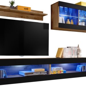  Set, Furniture, Tivoli SET6, Wotan/Noir,  Largeur 200cm x Hauteur 195cm x Profondeur 35cm, LED Bleu, pour Salon,  Chambre à coucher