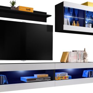 Set, Furniture, Tivoli SET6, Noir/Blanc, Largeur 200cm x Hauteur 195cm x Profondeur 35cm, LED Bleu, pour Salon, Chambre à coucher