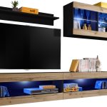  Set, Furniture, Tivoli SET6, Noir/Wotan,  Largeur 200cm x Hauteur 195cm x Profondeur 35cm, LED Bleu, pour Salon,  Chambre à coucher