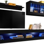  Set, Meubles, Tivoli SET6, Noir/Noir,  Largeur 200cm x Hauteur 195cm x Profondeur 35cm, LED Bleu, pour Salon,  Chambre à coucher