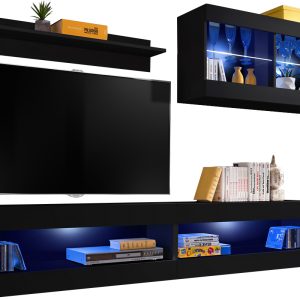  Set, Meubles, Tivoli SET6, Noir/Noir,  Largeur 200cm x Hauteur 195cm x Profondeur 35cm, LED Bleu, pour Salon,  Chambre à coucher