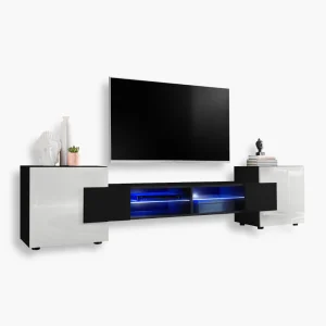 Armoire RTV Merano, noir/blanc Eclairage LED bleu