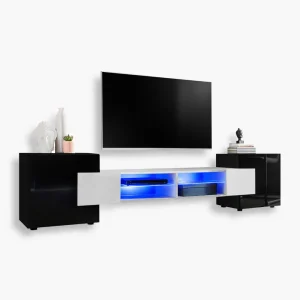 Armoire RTV Merano, noir/blanc Eclairage LED bleu