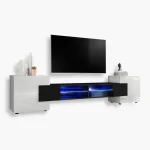 Armoire RTV Merano, blanc/noir Eclairage LED bleu