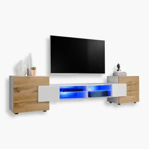 Armoire RTV Merano, blanc/éclairage LEDotan bleu