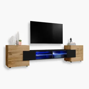 Armoire RTV Merano, Wotan/Noir Eclairage LED Bleu