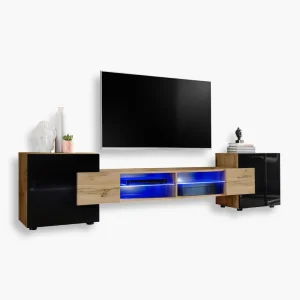 Armoire RTV Merano, Wotan/Noir Eclairage LED Bleu